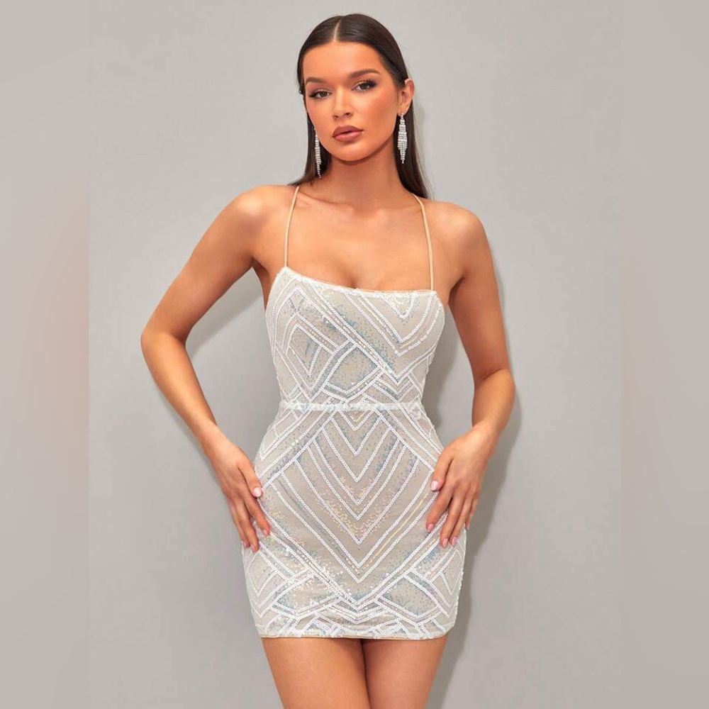 Sequin Tie Up Dress with Geometric Pattern - Picture 2 of 14
